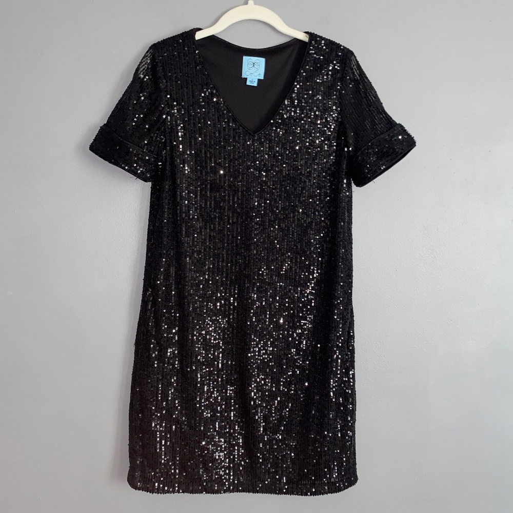 CECE Black Sequin V-Neck Shift Party New Years Cocktail Dress Knee Length Small
